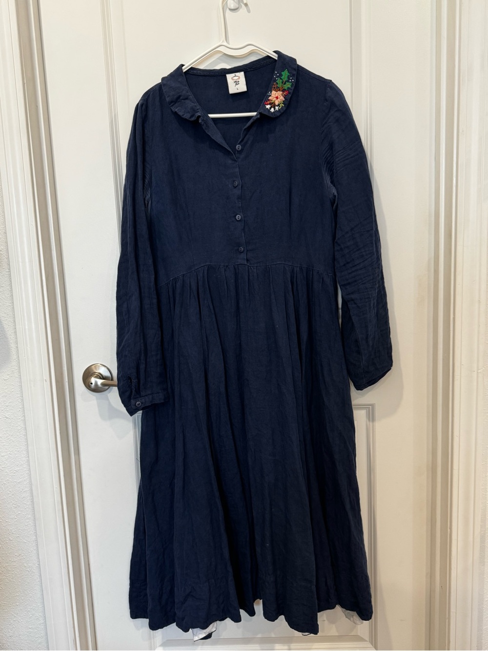 Son De Flor Navy Long-Sleeve Collared Dress with hand Embroidered collar